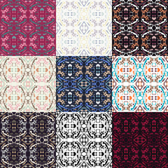 A set of 9 colors. Seamless pattern with spots and stripes of wild animals. Ikat background. African and Asian animals. Textile. Ethnic boho ornament. Vector illustration for web design or print. - 484399650