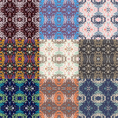 A set of 9 colors. Seamless pattern with spots and stripes of wild animals. Ikat background. African and Asian animals. Textile. Ethnic boho ornament. Vector illustration for web design or print. - 484399651