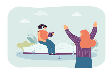 Back view of friend greeting tiny reader sitting on huge book. Girl reading novel or poetry flat vector illustration. Literature, education, leisure concept for banner or landing web page