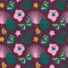 Abstract background with flat art tropical leaves.