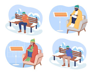 Freezing in cold weather 2D vector isolated illustration set. Unwell people outdoor and at home flat characters on cartoon background. Warming up in seasonal climate colourful scene collection