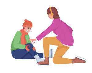 Woman help child with injury semi flat color vector characters. Two figures. Full body people on white. Trauma isolated modern cartoon style illustration for graphic design and animation