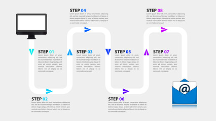 Infographic template with 8 options or steps. Mailing process