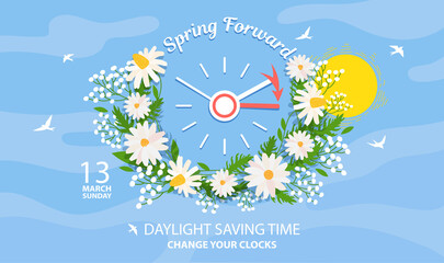 Spring Forward. Daylight Saving Time Banner Reminder - Spring Time Change with date 13 march, sunday.