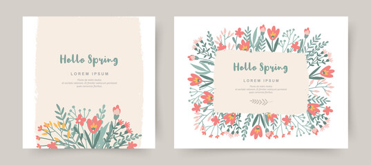 Hello spring. Template of cute spring greeting cards. Floral frames of hand drawn flowers. Vector backgrounds for banner, cover, flyer, invitation, poster, brochure, discount coupon - obrazy, fototapety, plakaty