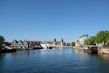 Panorama of Old Town in Gdansk and Motlawa river with ships.