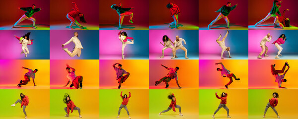 Collage with break dance or hip hop dancers dancing isolated over multicolored background in neon. Youth culture, movement, music, fashion, action.