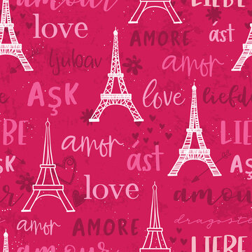 Romantic hand drawn Eiffel Tower seamless pattern, great Valentine's Day background with doodle hearts and flowers, great for textiles, banners, wallpapers, wrapping - vector design