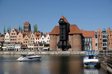 Fototapeta premium Panorama of Old Town in Gdansk and Motlawa river with boats. Poland