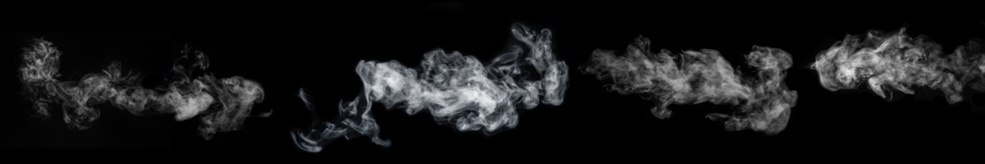 A set of four different types of swirling, wriggling smoke, vapor isolated on a black background...