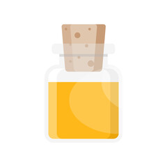 Massage oil aromatherapy for beauty care procedure in transparent bottle with cork vector flat illustration. Yellow spa procedure vitamin essence for face body hair skin moisturizing liquid cosmetic