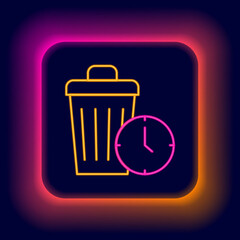 Glowing neon line Waste of time icon isolated on black background. Trash can. Garbage bin sign. Recycle basket icon. Office trash icon. Colorful outline concept. Vector