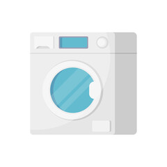 Modern white washing machine isometric vector illustration. Electric household appliance cleaning textile technology with water and detergent isolated. Housework chore daily routine electronic device