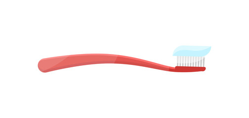Red toothbrush with toothpaste on bristle vector flat illustration. Plastic tool for daily oral hygiene cleaning teeth and tongue isolated. Everyday routine mouth cavity antibacterial clean