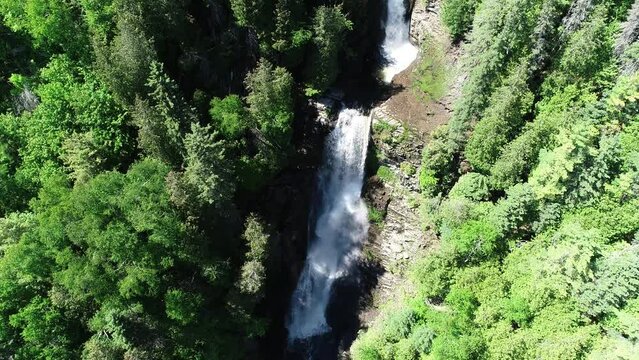 A Multiple Step Waterfall Is In View Between Tall Green Trees. This aerial view slowly pans up on the main subject throughout the video clip.