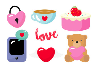 Collection for Valentine's day. Bear with heart, lock, heart with wings, strawberry cake, cup with a heart, phone with a love message. Cartoon style. Vector illustration.