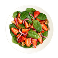 Fruit salad with strawberry, red onion and spinach in bowl