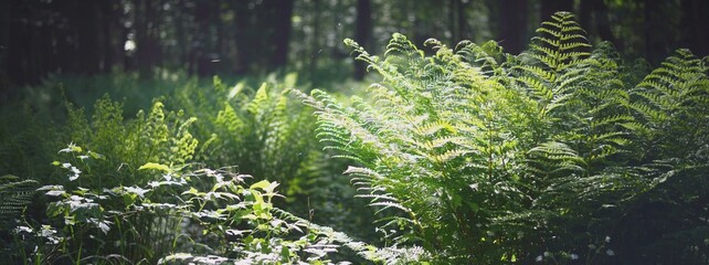 Young fern leaves in the dark northern evergreen forest. Mighty trees in the background. Nature, plants, environmental conservation, ecology, botany © Alex Stemmer