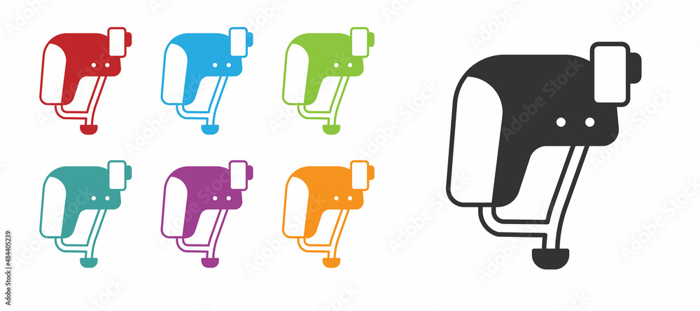 Sticker Black Skateboard helmet icon isolated on white background. Extreme sport. Sport equipment. Set icons colorful. Vector