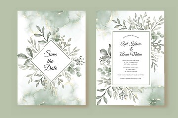 wedding invitation template with greenery leaves