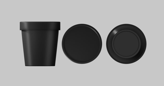 3D white and black round container for ice cream, cream or yogurt. Perspective view isolated on gray background. Packaging mockup image.