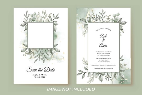 wedding invitation template with greenery leaves and photos frame
