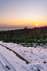 Beautiful winter landscape of the Badacsony hill next to the Lake Balaton from above with an...