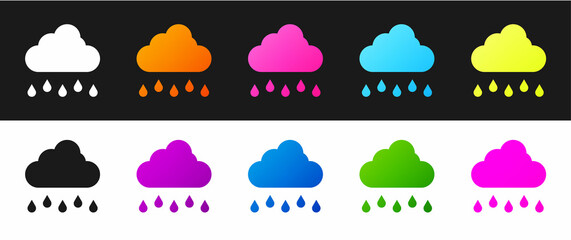 Set Cloud with rain icon isolated on black and white background. Rain cloud precipitation with rain drops. Vector