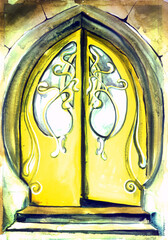 Image done in watercolor on paper. Open doors in all colors of the rainbow. Metaphor of many choices