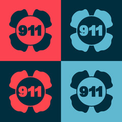 Pop art Telephone with emergency call 911 icon isolated on color background. Police, ambulance, fire department, call, phone. Vector