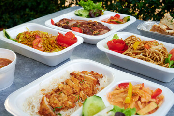 Indisches chinesisches Take away Essen in Schalen zum Mitnehmen und liefern Für den Lieferdienst