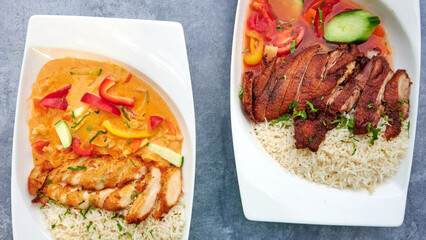 Sehr leckeres indisches chinesisches Essen mit Ente und Huhn gegrillt serviert mit Basmatireis und eleganter Currysauce mit Gemüse