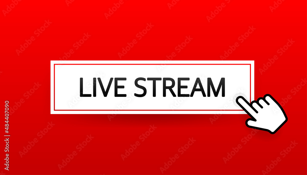Poster live stream logo - red vector design element with play button for news and tv or online broadcasting