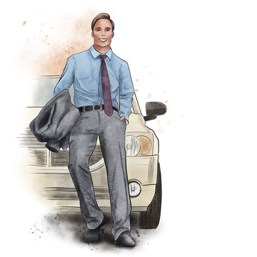 Watercolor ink sketch enneagram type character Performer Investigator. Successful young man stands near beautiful car.