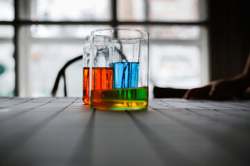 multicolored liquids. Experiments with color at home.