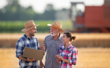 Farmers talking in field in summer time during harvest