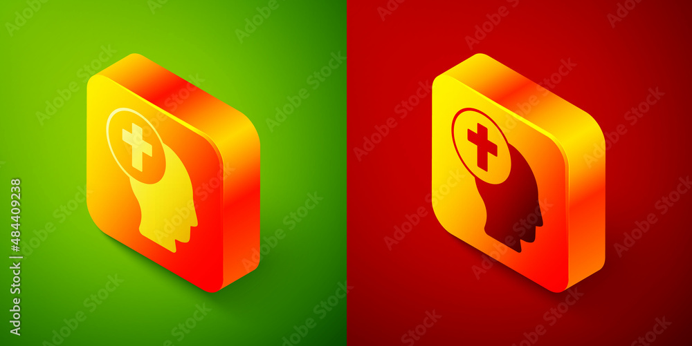 Poster isometric priest icon isolated on green and red background. square button. vector