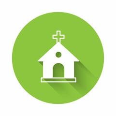 White Church building icon isolated with long shadow background. Christian Church. Religion of church. Green circle button. Vector