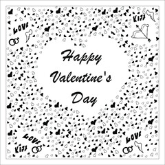 Fototapeta na wymiar A doodle set with a heart in the middle and a Valentine's Day greeting with holiday symbols around the edges such as a bow, arrows and rings