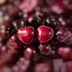 Two heart shaped sweet cherries together in a bowl among other red berried