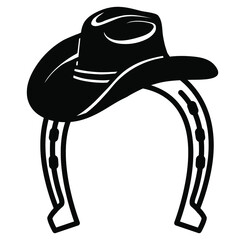 Cowboy hat and horseshoe symbol black silhouette. Vector illustration cowboy stuff for Rodeo isolated on white for design.  - 484410432