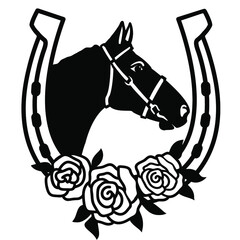 Horse and horseshoe sign silhouette with roses flowers illustration isolated on white for print or design. Vector Farm cowboy rodeo