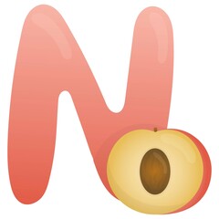Letter N and nectarine on a white background, educational card. English vocabulary and alphabet, vector for children, learning aid in kindergarten and school
