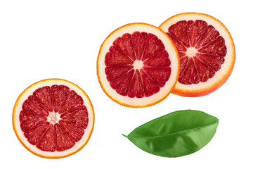 Blood red oranges slices isolated on white background with clipping path. Top view. Flat lay