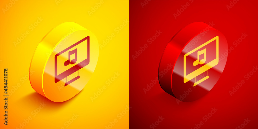 Poster isometric computer with music note symbol on screen icon isolated on orange and red background. circ