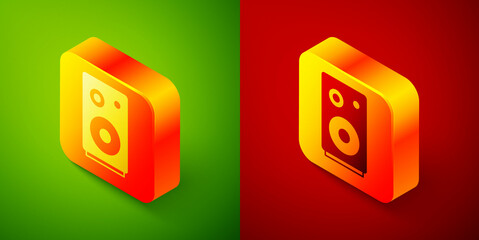 Isometric Stereo speaker icon isolated on green and red background. Sound system speakers. Music icon. Musical column speaker bass equipment. Square button. Vector