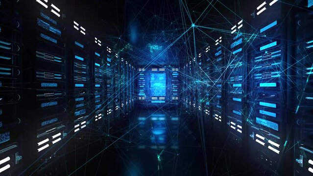 Data Center Network Server Communication &ndash; Futuristic Server Room Flythrough, Digital Infrastructure Animation, Cloud Computing Concept, IT Technology Background
