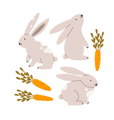 Cute rabbits in various poses with carrots. Hand-drawn vector rabbits, isolated on white background. Spring season concept, Easter, nature.