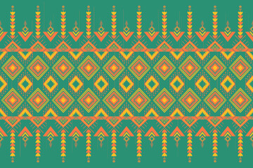 Yellow Orange on Green. Geometric ethnic oriental pattern traditional Design for background,carpet,wallpaper,clothing,wrapping,Batik,fabric, illustration embroidery style