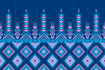 Pink and Blue on Navy Blue. Geometric ethnic oriental pattern traditional Design for background,carpet,wallpaper,clothing,wrapping,Batik,fabric, illustration embroidery style